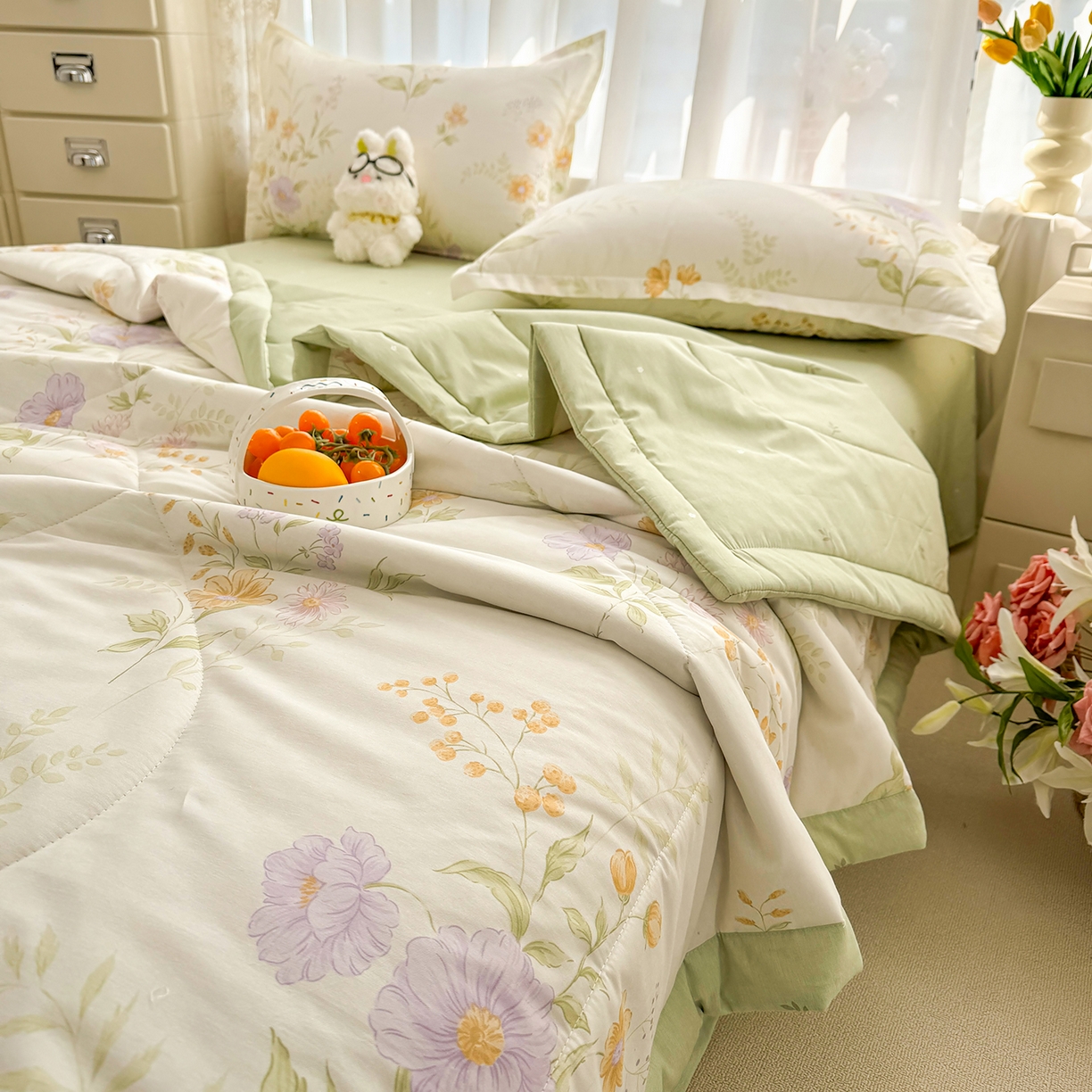 91家纺网 家纺一手货源 找家纺 寝美资家居 2026新款A类里外全棉夏凉被四件套-风格一 暮云花卉