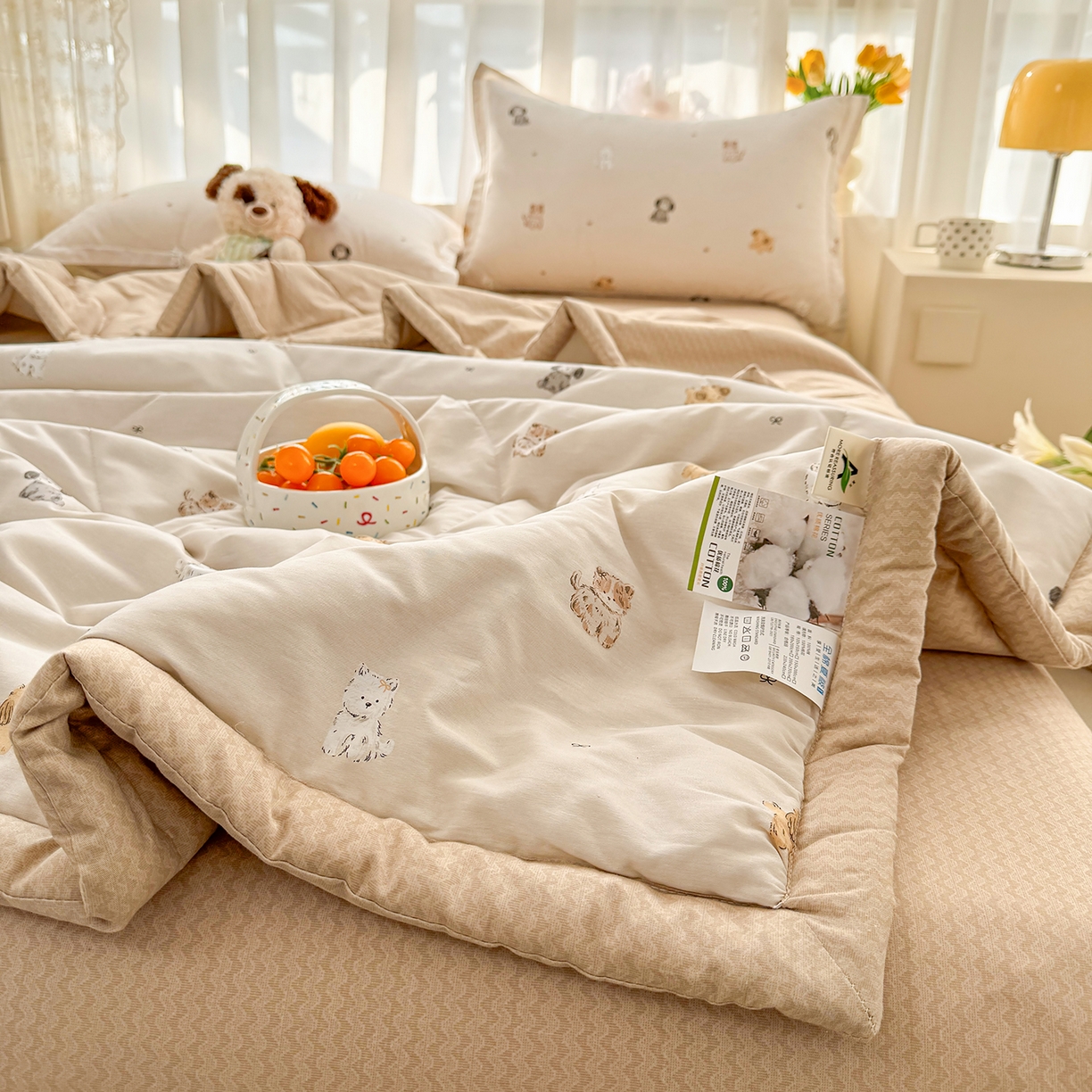 91家纺网 家纺一手货源 找家纺 寝美资家居 2026新款A类里外全棉夏凉被四件套-风格一 旺柴犬