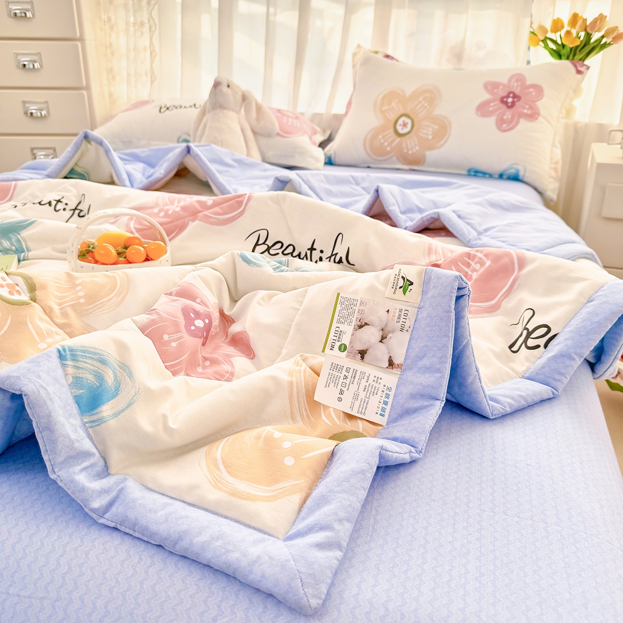 91家纺网 家纺一手货源 找家纺 寝美资家居 2026新款A类里外全棉夏凉被四件套-风格一 春夕集