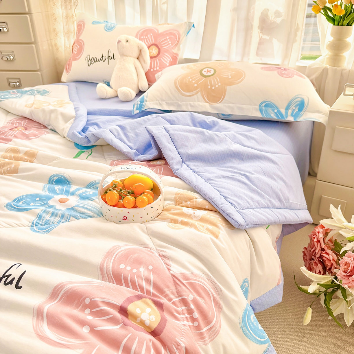 91家纺网 家纺一手货源 找家纺 寝美资家居 2026新款A类里外全棉夏凉被四件套-风格一 春夕集