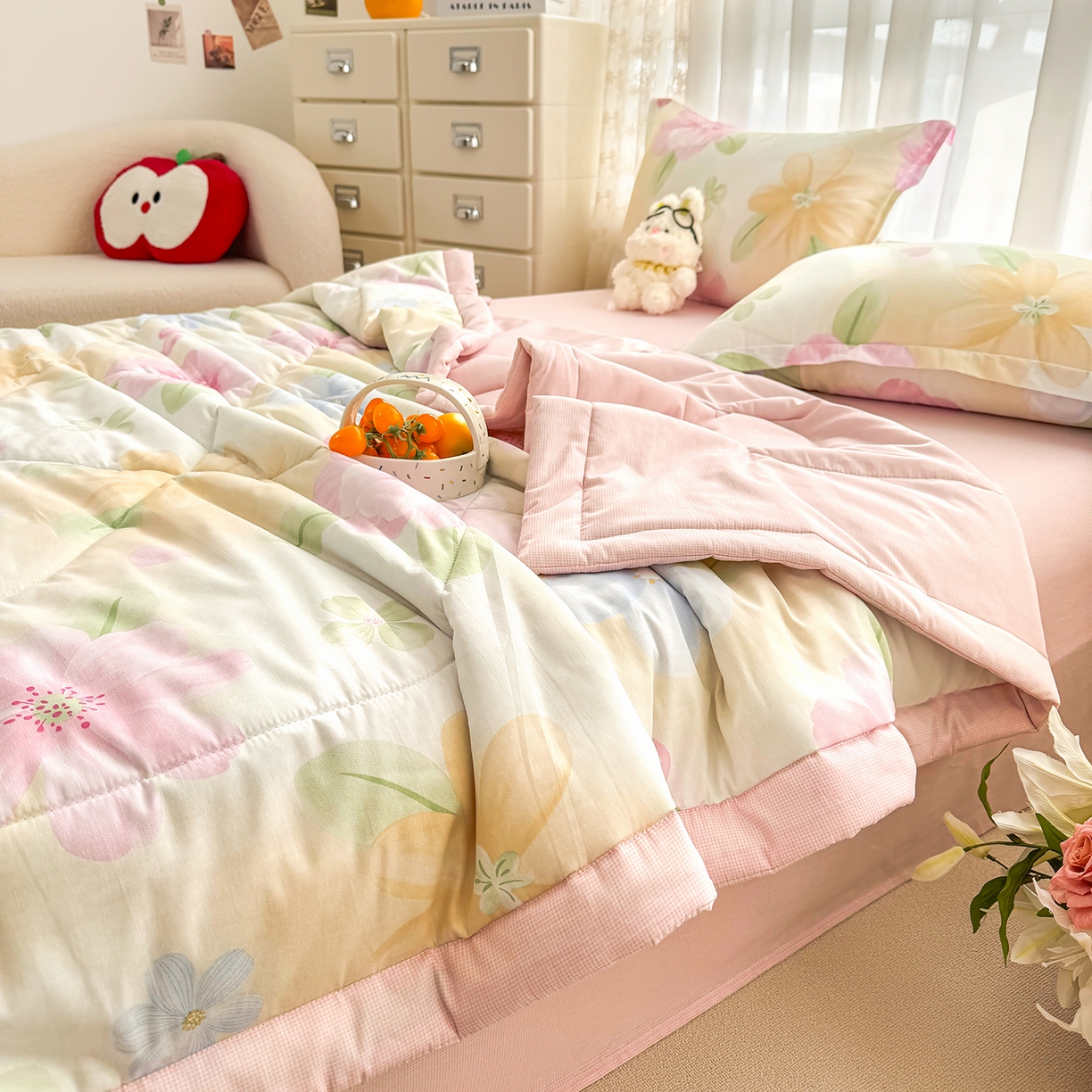 91家纺网 家纺一手货源 找家纺 寝美资家居 2026新款A类里外全棉夏凉被四件套-风格一 花开半夏