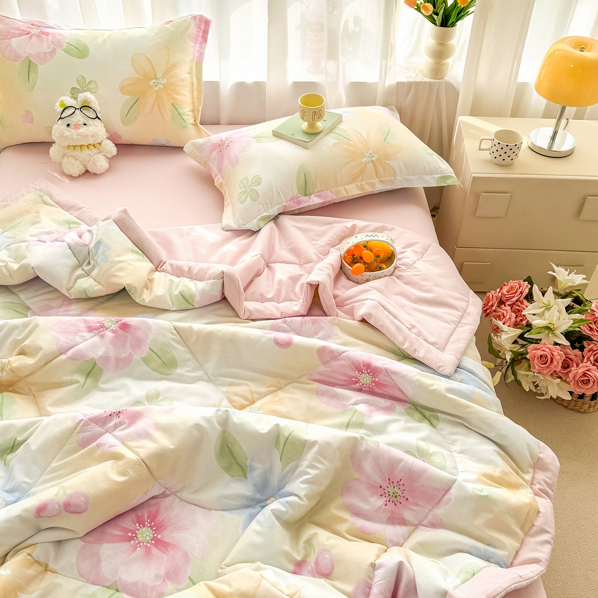 91家纺网 家纺一手货源 找家纺 寝美资家居 2026新款A类里外全棉夏凉被四件套-风格一 花开半夏