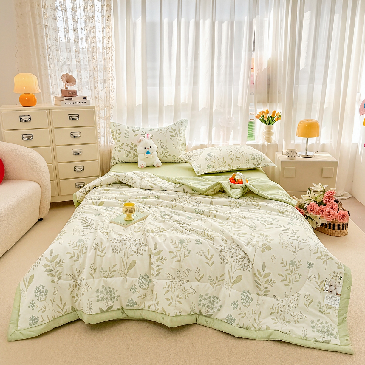 91家纺网 家纺一手货源 找家纺 寝美资家居 2026新款A类里外全棉夏凉被四件套-风格一 春日落樱