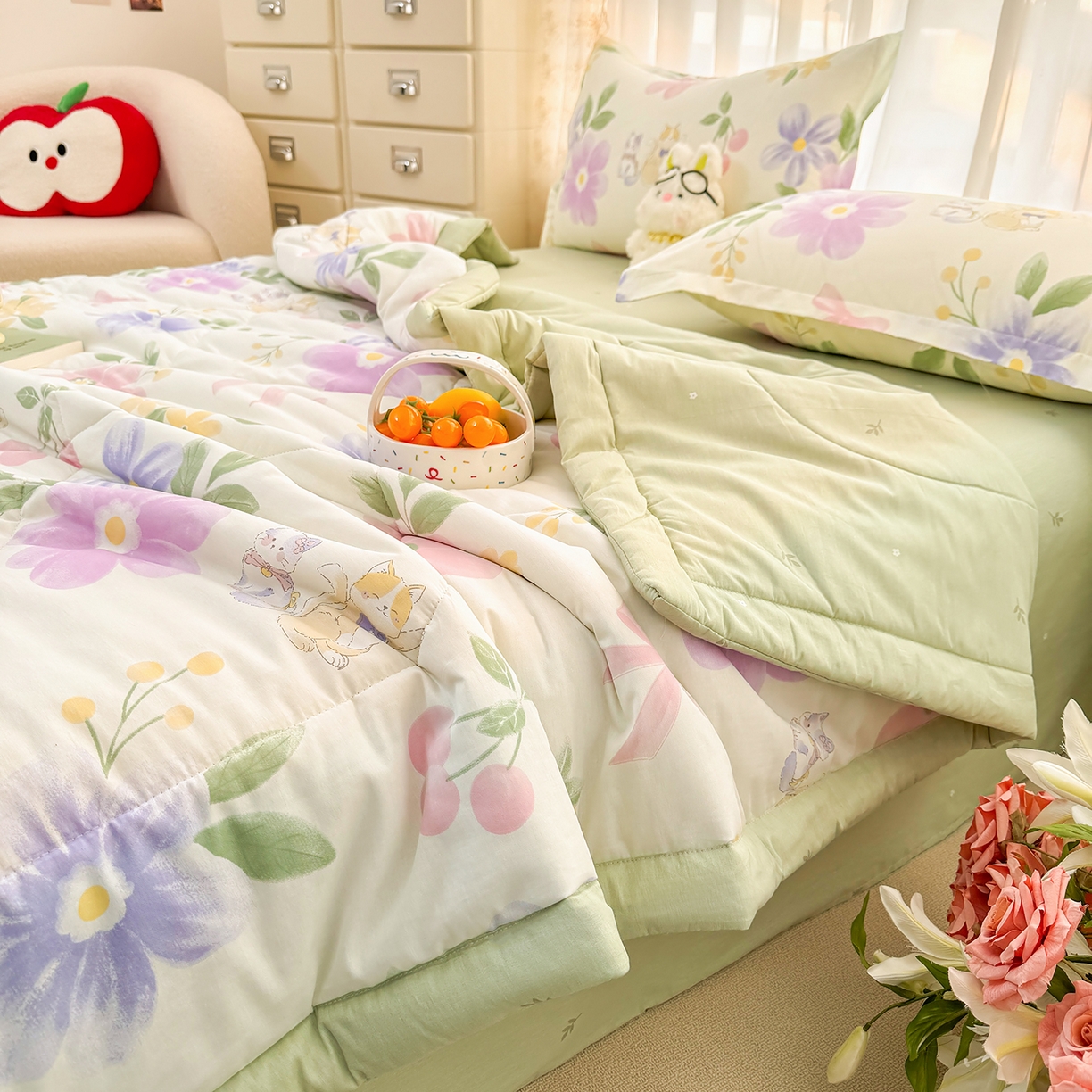 91家纺网 家纺一手货源 找家纺 寝美资家居 2026新款A类里外全棉夏凉被四件套-风格一 甜蜜萌宠