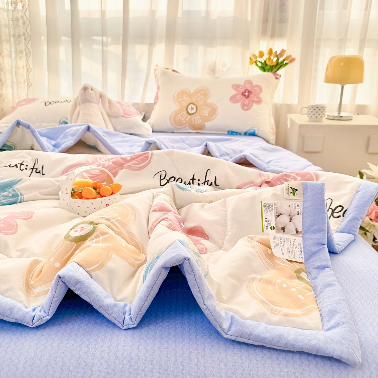 91家纺网 家纺一手货源 找家纺 寝美资家居 2026新款A类里外全棉夏凉被四件套-风格一 春夕集