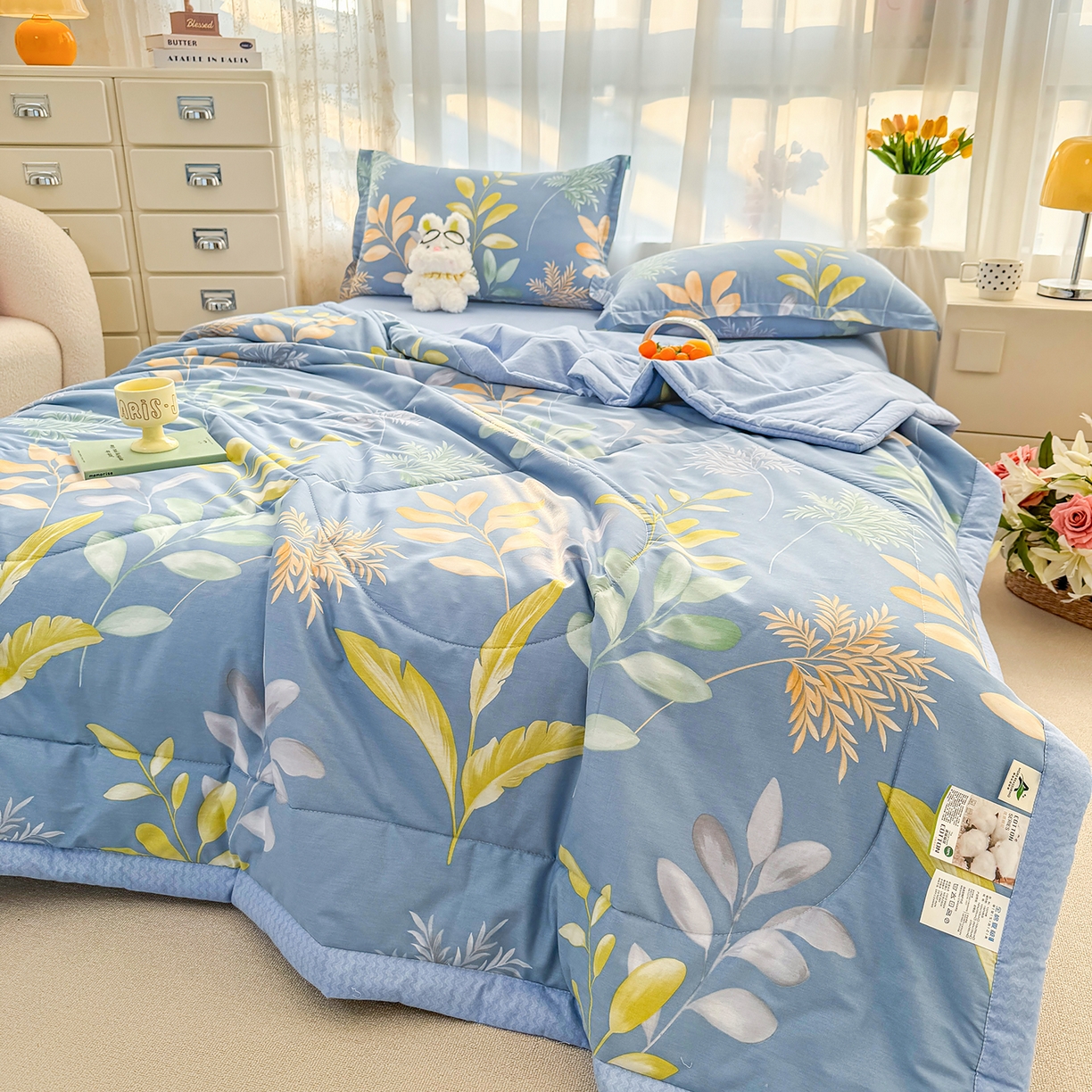 91家纺网 家纺一手货源 找家纺 寝美资家居 2026新款A类里外全棉夏凉被四件套-风格一 小蓝町