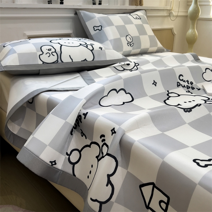 91家纺网 家纺一手货源 找家纺 布凡家居 2026新款卡通冰丝印花凉席 素格萌犬