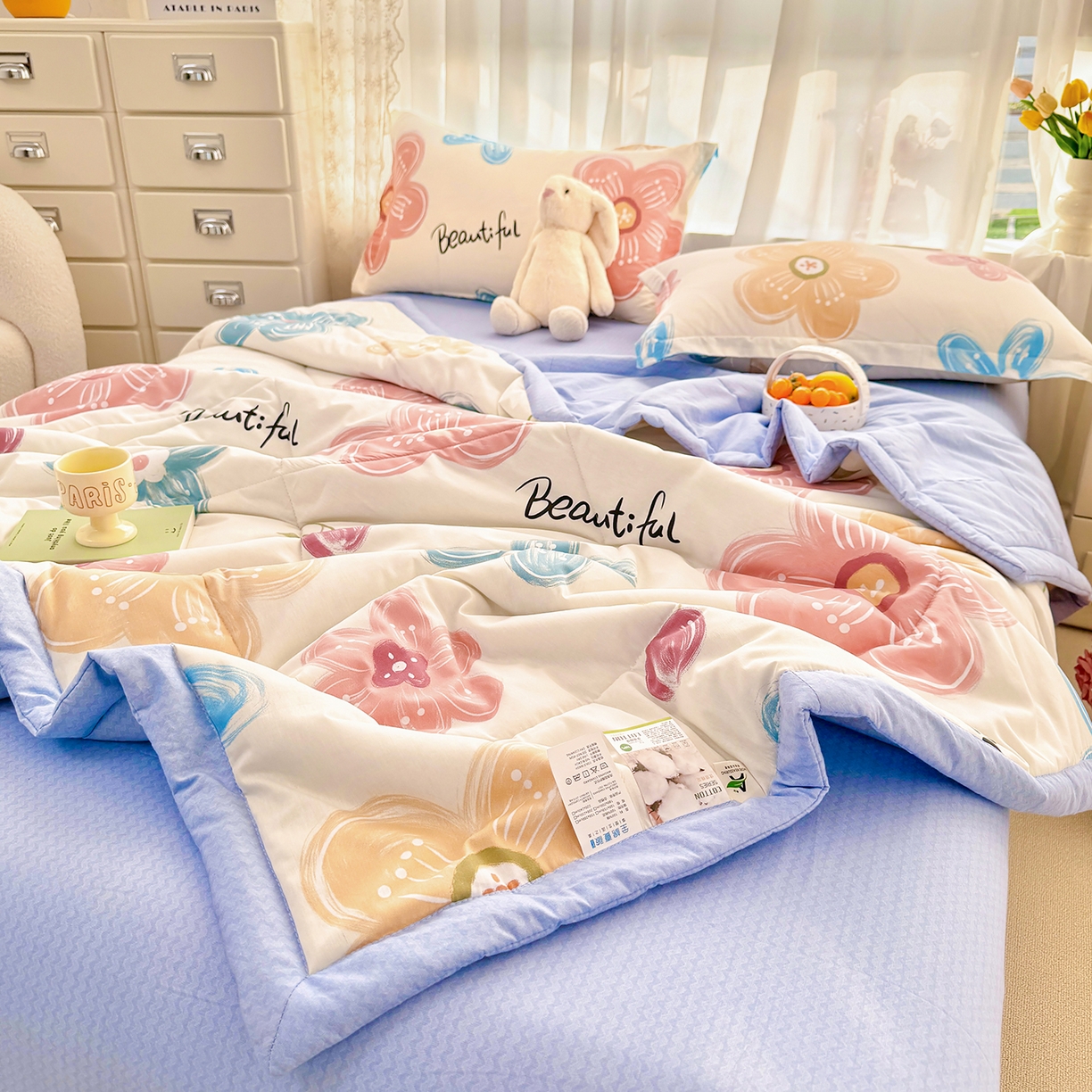 91家纺网 家纺一手货源 找家纺 寝美资家居 2026新款A类里外全棉夏凉被四件套-风格一 春夕集