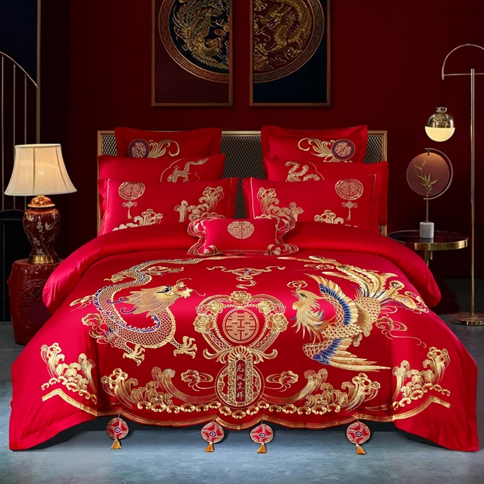 91家纺网 家纺一手货源 找家纺 （总）慕她家纺 2026慕她大花工艺款全棉纯棉婚庆四件套大红色刺绣结婚床上用品