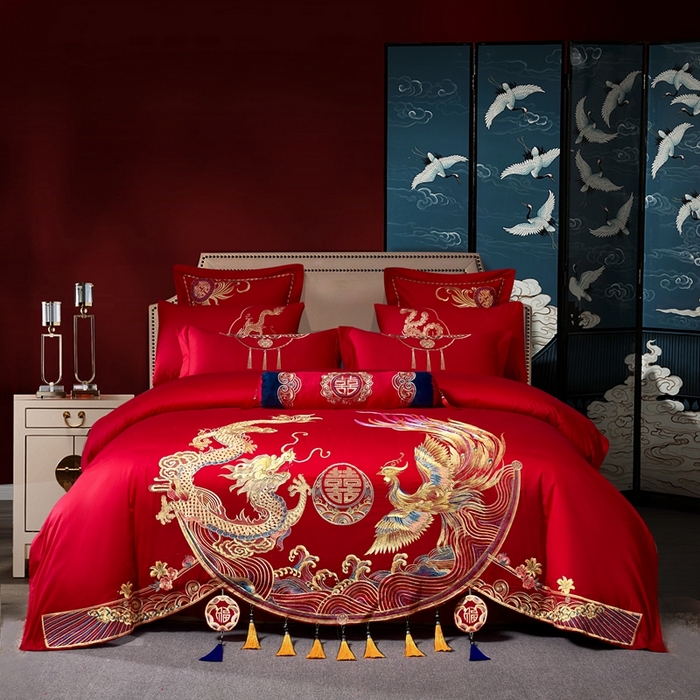 91家纺网 家纺一手货源 找家纺 （总）慕她家纺 2026慕她大花工艺款全棉纯棉婚庆四件套大红色刺绣结婚床上用品