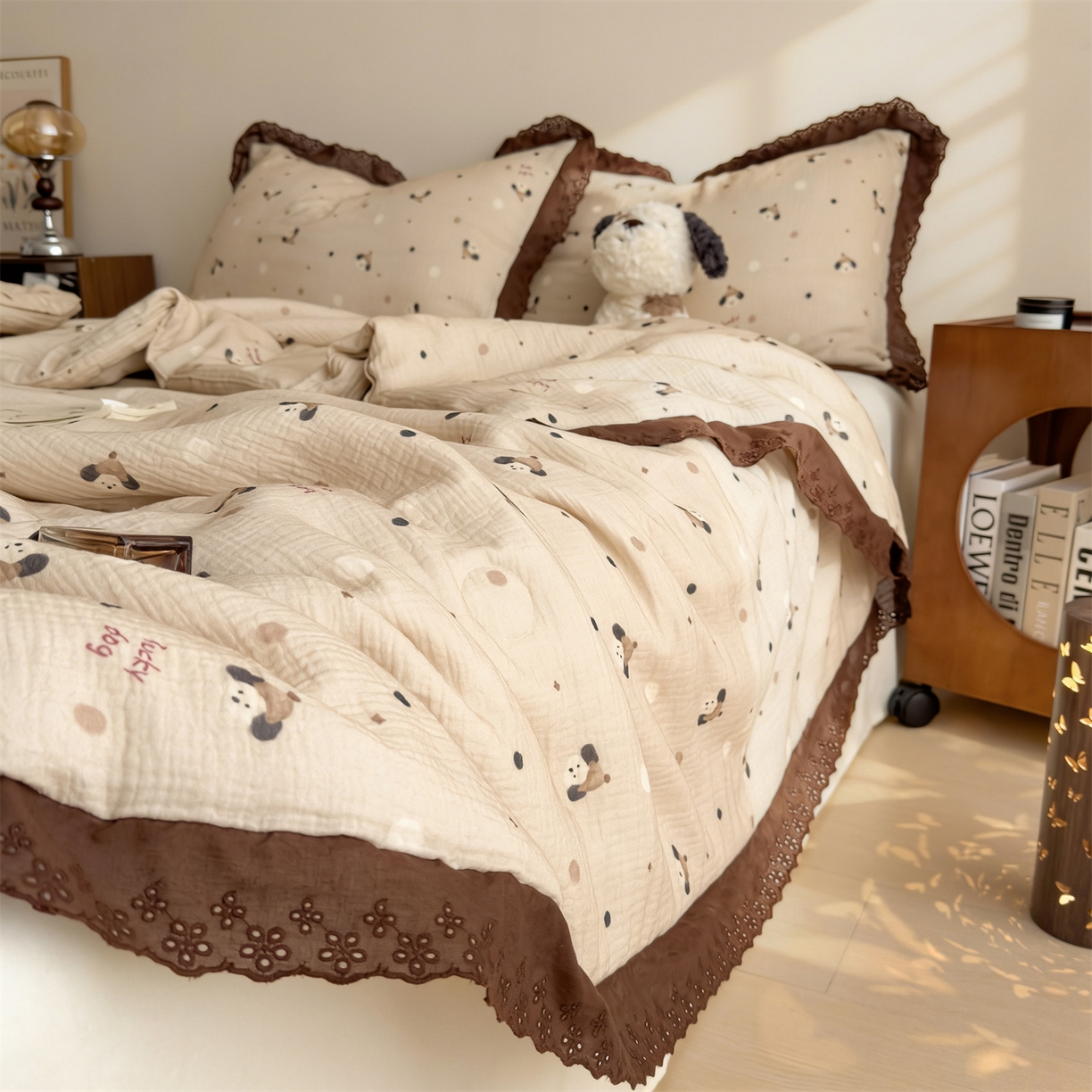 91家纺网 家纺一手货源 找家纺 兄弟坊 2026新款A类美拉德全棉韩版皱皱纱花边大豆夏被夏凉被空调被午睡被 皱皱纱花边款-帽子小狗