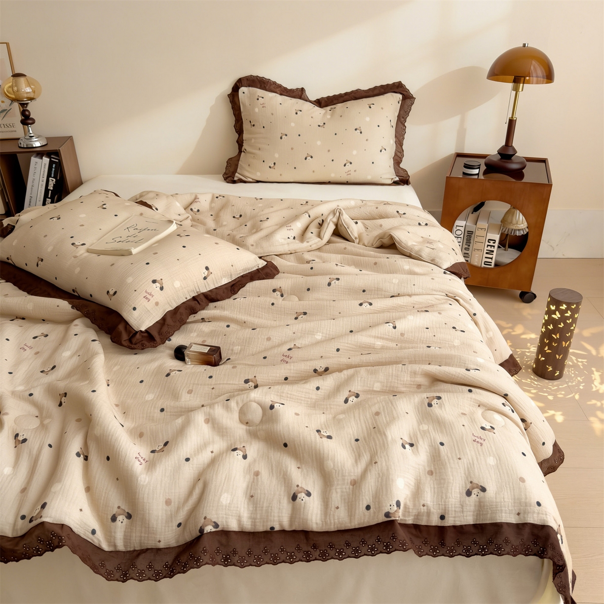 91家纺网 家纺一手货源 找家纺 兄弟坊 2026新款A类美拉德全棉韩版皱皱纱花边大豆夏被夏凉被空调被午睡被 皱皱纱花边款-帽子小狗