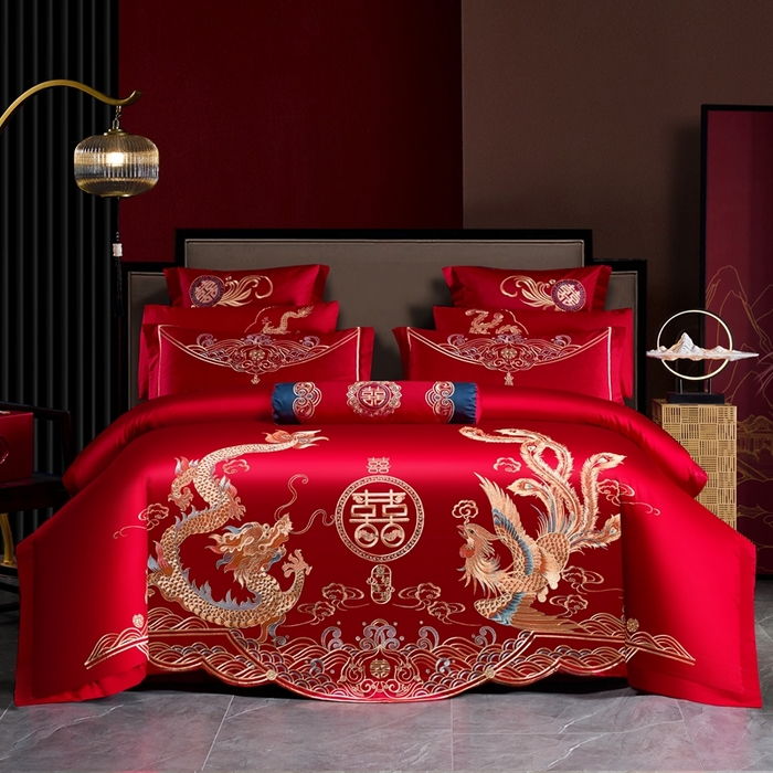 91家纺网 家纺一手货源 找家纺 （总）慕她家纺 2026慕她大花工艺款全棉纯棉婚庆四件套大红色刺绣结婚床上用品