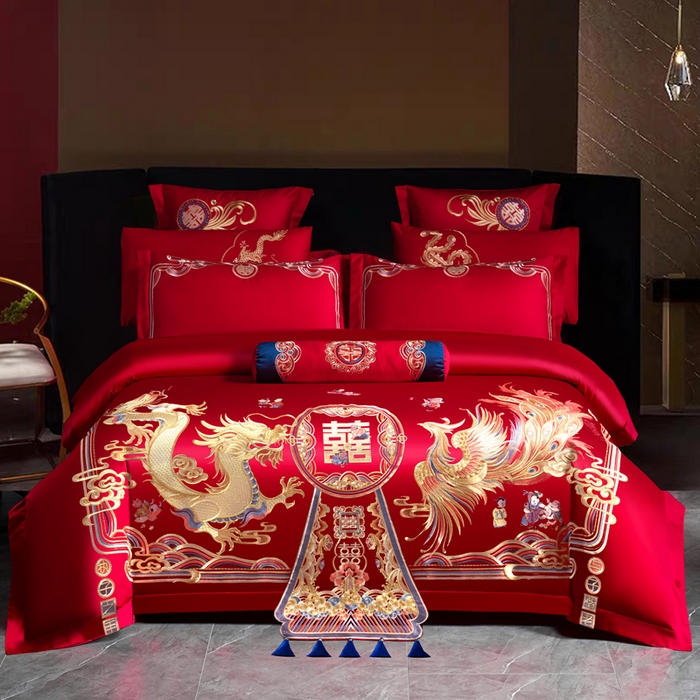 91家纺网 家纺一手货源 找家纺 （总）慕她家纺 2026慕她大花工艺款全棉纯棉婚庆四件套大红色刺绣结婚床上用品