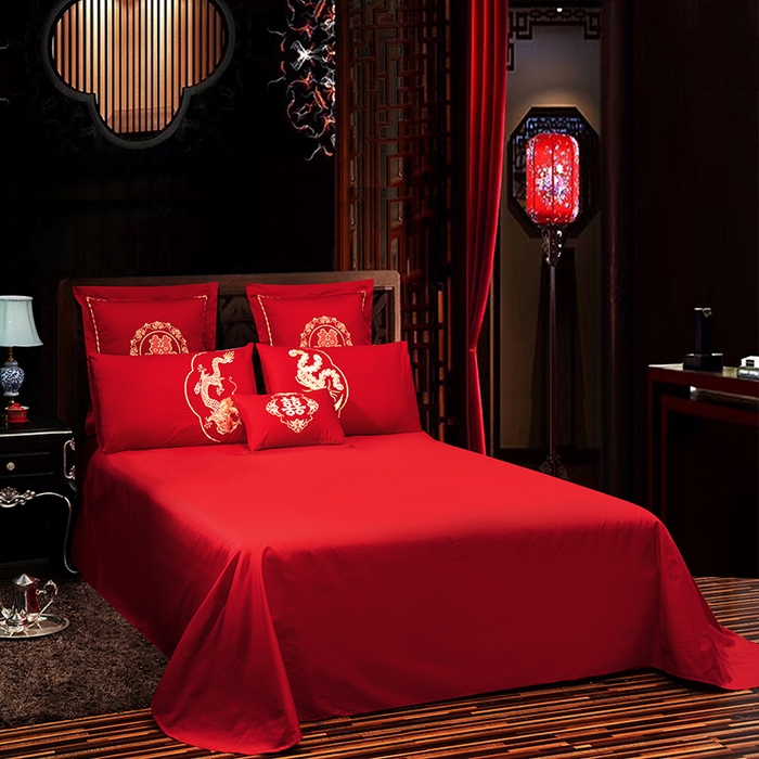 91家纺网 家纺一手货源 找家纺 慕她家纺 2026慕她大花工艺款全棉纯棉婚庆四件套大红色刺绣结婚床上用品 龙凤团圆