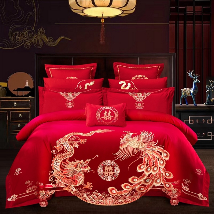 91家纺网 家纺一手货源 找家纺 （总）慕她家纺 2026慕她大花工艺款全棉纯棉婚庆四件套大红色刺绣结婚床上用品