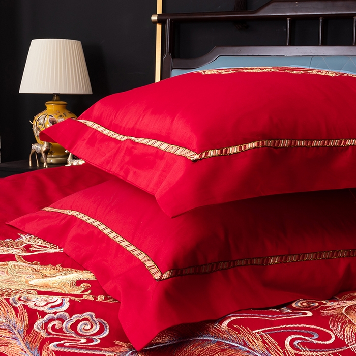 91家纺网 家纺一手货源 找家纺 慕她家纺 2026慕她大花工艺款全棉纯棉婚庆四件套大红色刺绣结婚床上用品 龙凤团圆