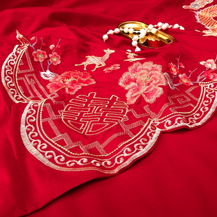 91家纺网 家纺一手货源 找家纺 慕她家纺 2026慕她大花工艺款全棉纯棉婚庆四件套大红色刺绣结婚床上用品 龙凤团圆