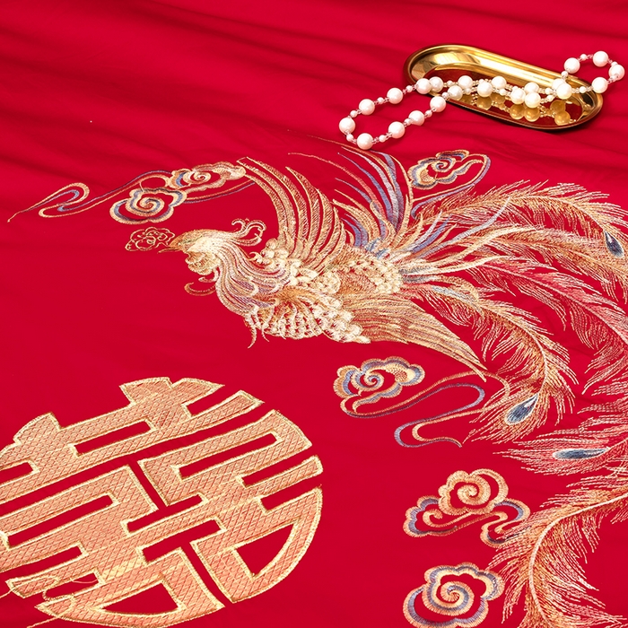 91家纺网 家纺一手货源 找家纺 慕她家纺 2026慕她大花工艺款全棉纯棉婚庆四件套大红色刺绣结婚床上用品 龙凤团圆