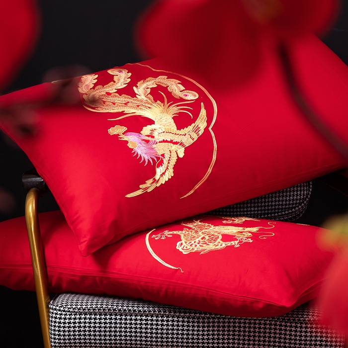 91家纺网 家纺一手货源 找家纺 慕她家纺 2026慕她大花工艺款全棉纯棉婚庆四件套大红色刺绣结婚床上用品 龙凤团圆