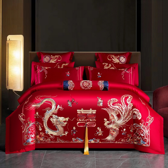 91家纺网 家纺一手货源 找家纺 （总）慕她家纺 2026慕她大花工艺款全棉纯棉婚庆四件套大红色刺绣结婚床上用品