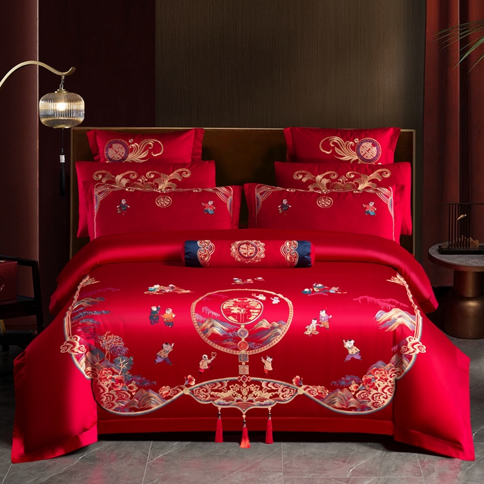 91家纺网 家纺一手货源 找家纺 （总）慕她家纺 2026慕她大花工艺款全棉纯棉婚庆四件套大红色刺绣结婚床上用品