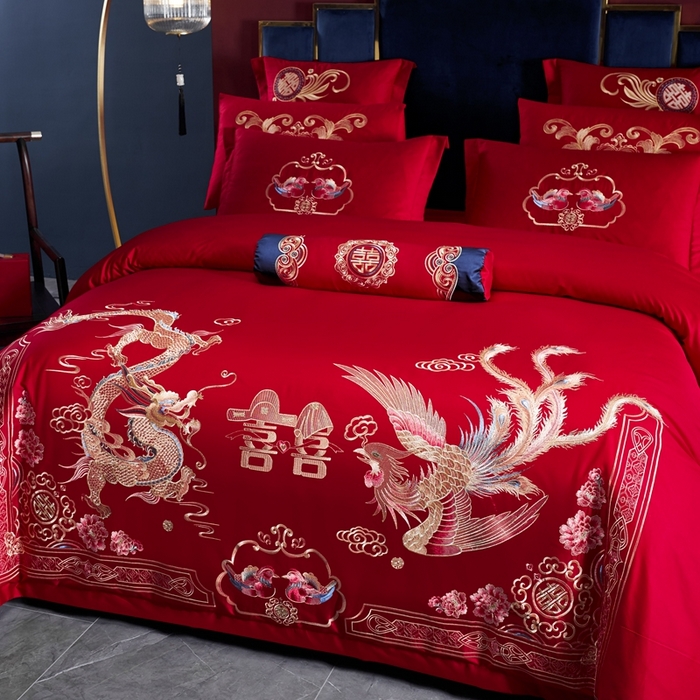 91家纺网 家纺一手货源 找家纺 （总）慕她家纺 2026慕她大花工艺款全棉纯棉婚庆四件套大红色刺绣结婚床上用品