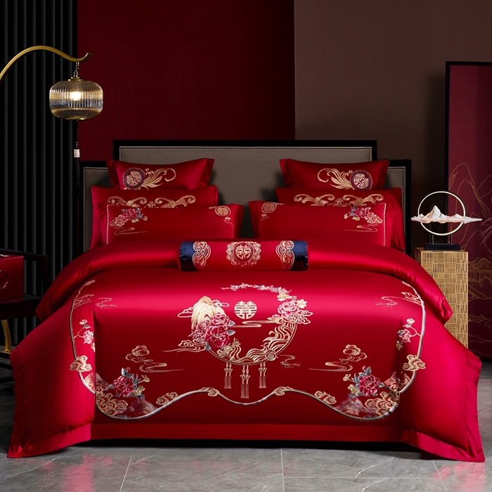 91家纺网 家纺一手货源 找家纺 （总）慕她家纺 2026慕她大花工艺款全棉纯棉婚庆四件套大红色刺绣结婚床上用品