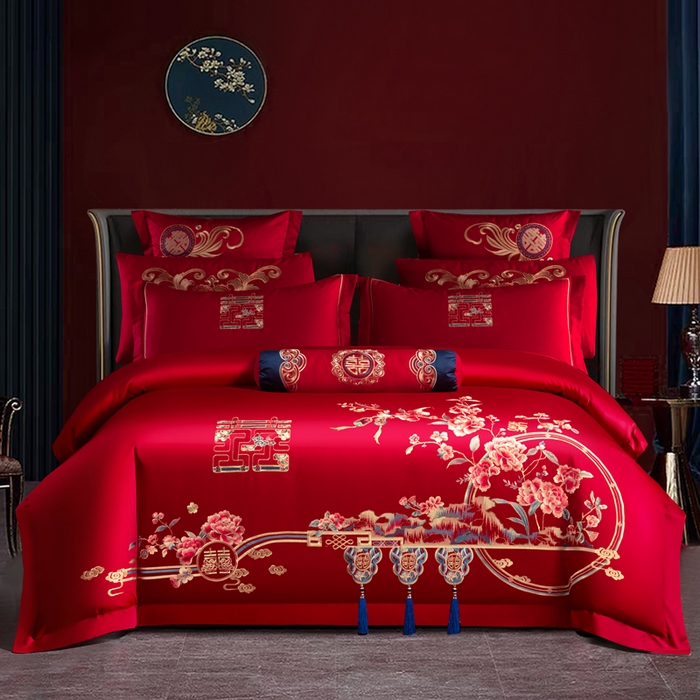 91家纺网 家纺一手货源 找家纺 （总）慕她家纺 2026慕她大花工艺款全棉纯棉婚庆四件套大红色刺绣结婚床上用品