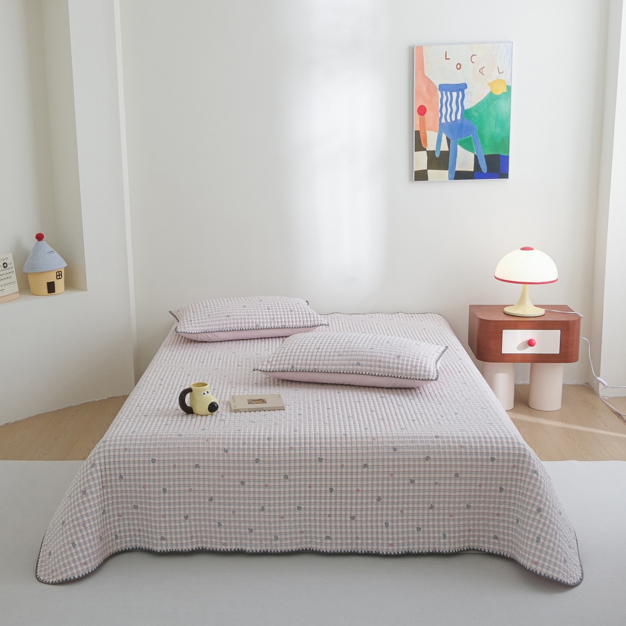 91家纺网 家纺一手货源 找家纺 庭笙 2026新款卡通贝壳针两面可用夹棉床盖床盖四件套 安格熊-粉