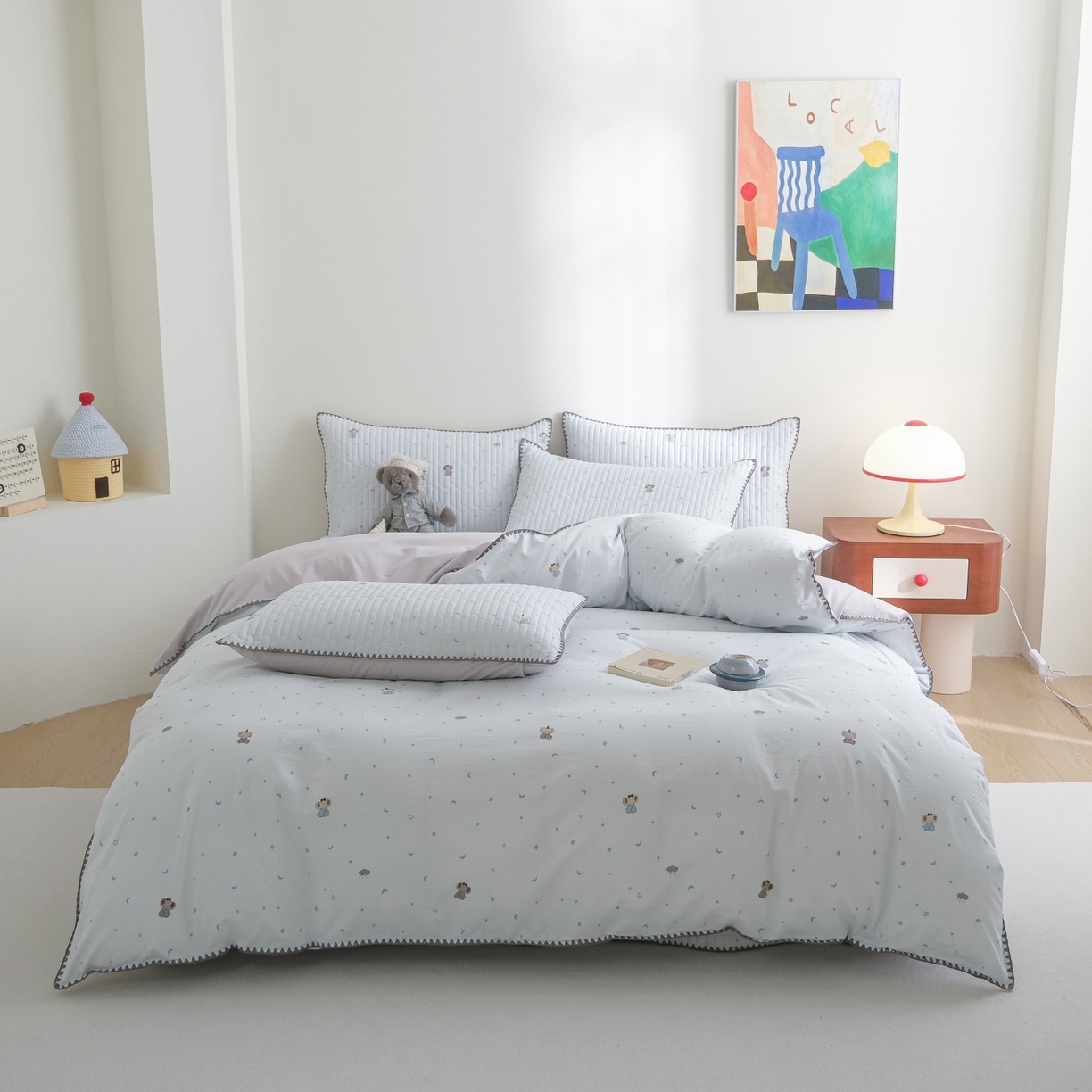 庭笙 2026新款卡通贝壳针两面可用夹棉床盖床盖四件套 暖小象-兰