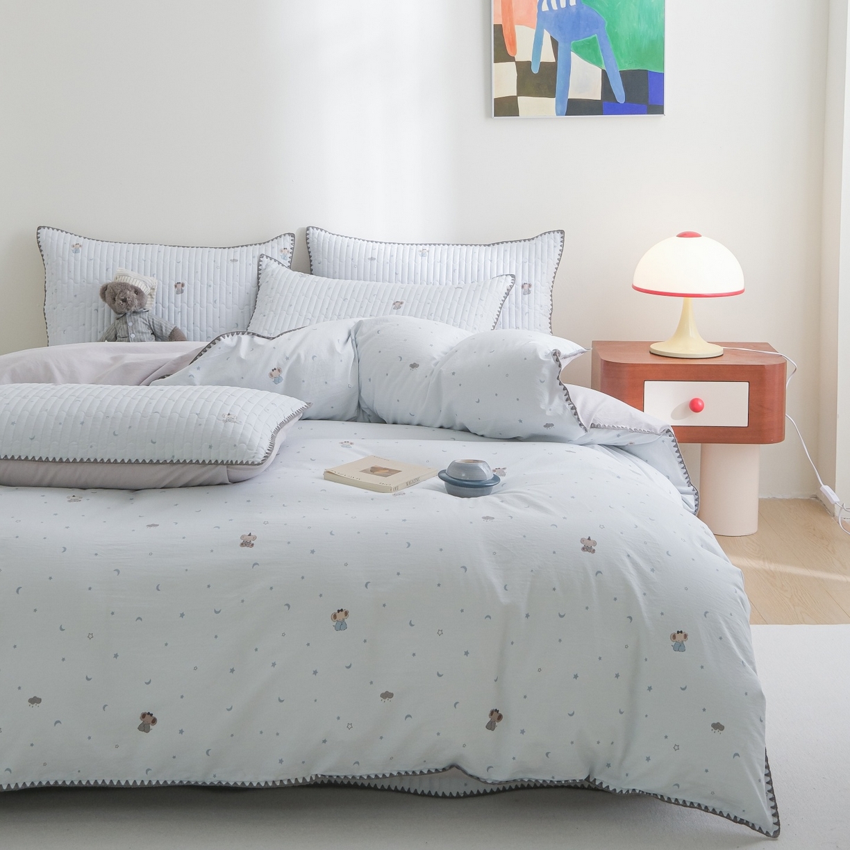 91家纺网 家纺一手货源 找家纺 庭笙 2026新款卡通贝壳针两面可用夹棉床盖床盖四件套 暖小象-兰