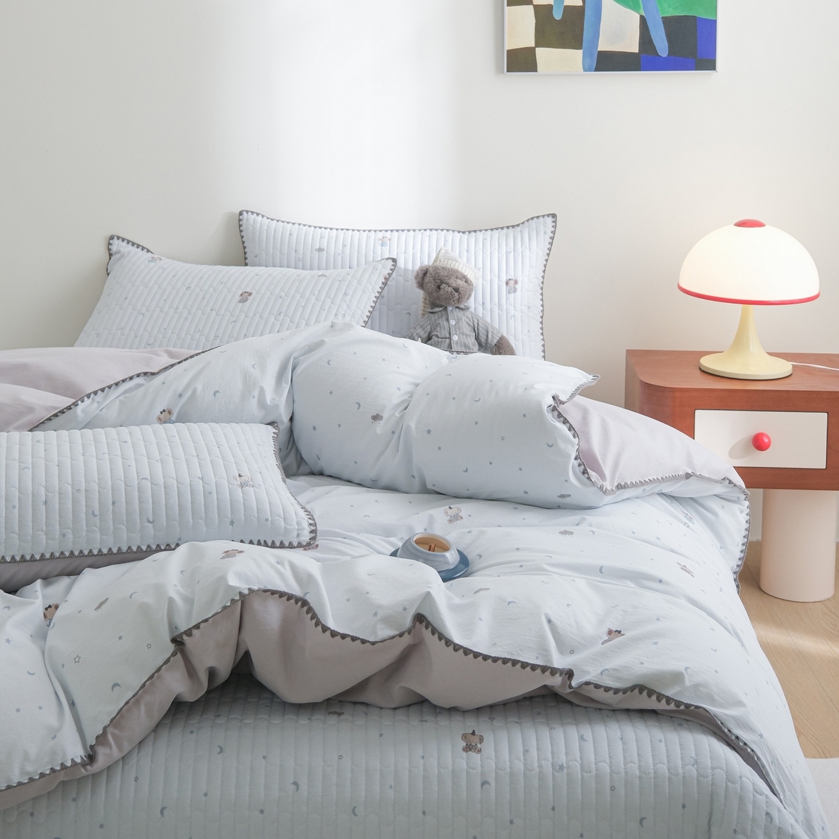 91家纺网 家纺一手货源 找家纺 庭笙 2026新款卡通贝壳针两面可用夹棉床盖床盖四件套 暖小象-兰