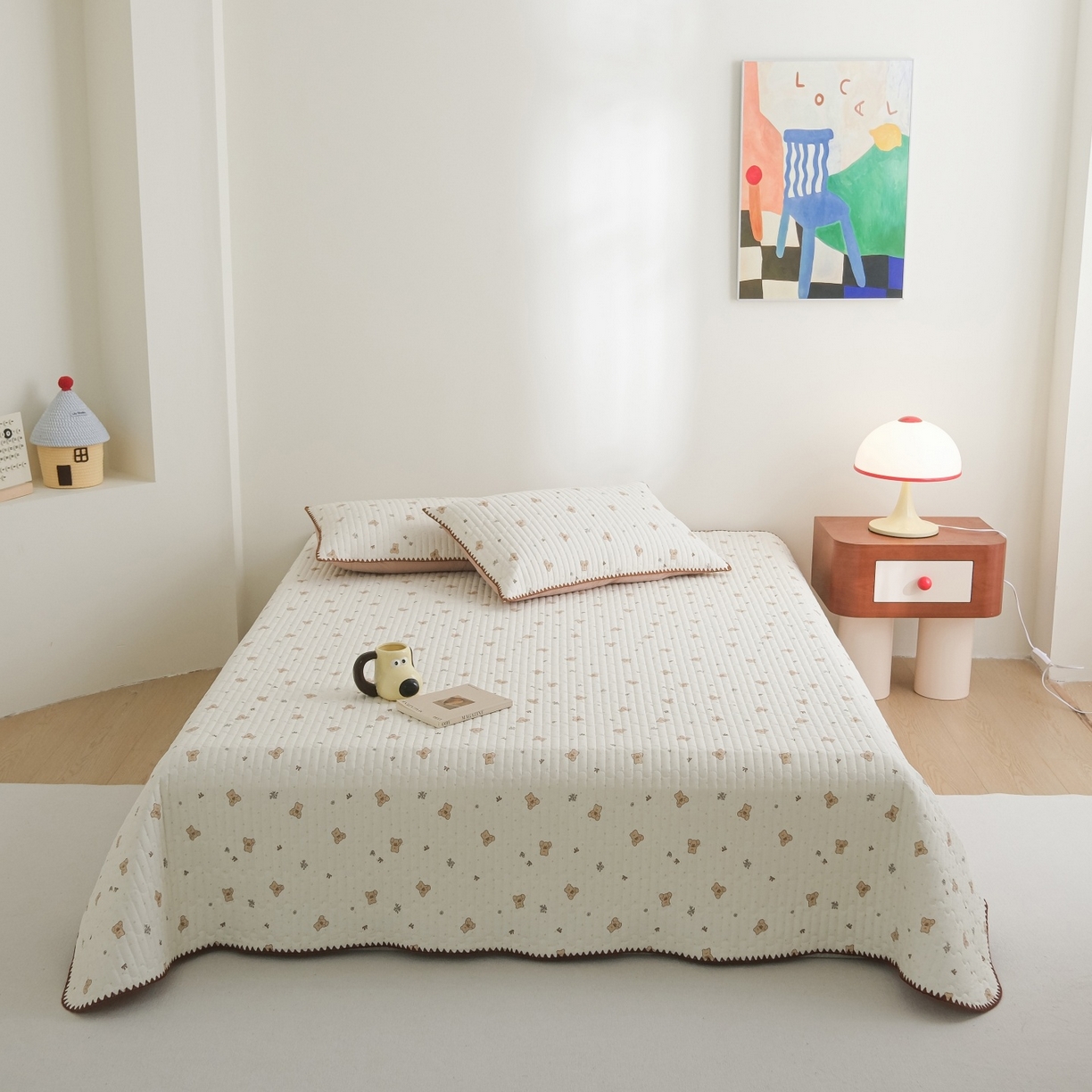 91家纺网 家纺一手货源 找家纺 庭笙 2026新款卡通贝壳针两面可用夹棉床盖床盖四件套 娃娃熊-米