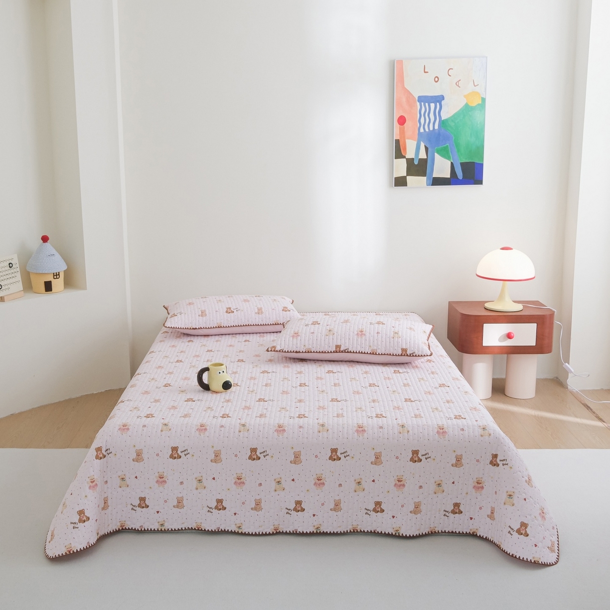 91家纺网 家纺一手货源 找家纺 庭笙 2026新款卡通贝壳针两面可用夹棉床盖床盖四件套 乐乐熊-粉