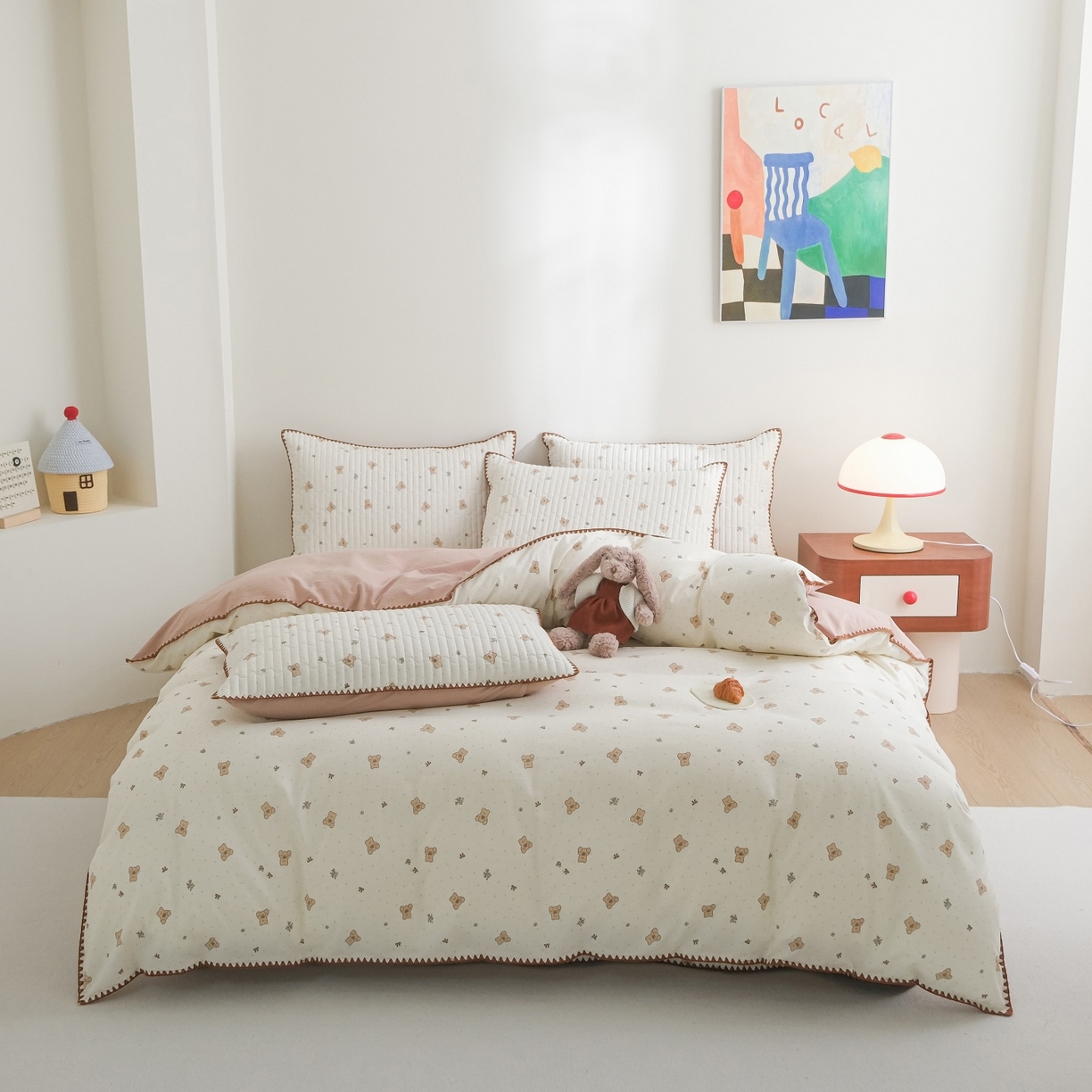 庭笙 2026新款卡通贝壳针两面可用夹棉床盖床盖四件套 娃娃熊-米