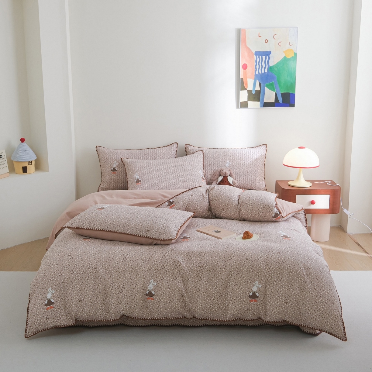 庭笙 2026新款卡通贝壳针两面可用夹棉床盖床盖四件套 菲菲兔-咖