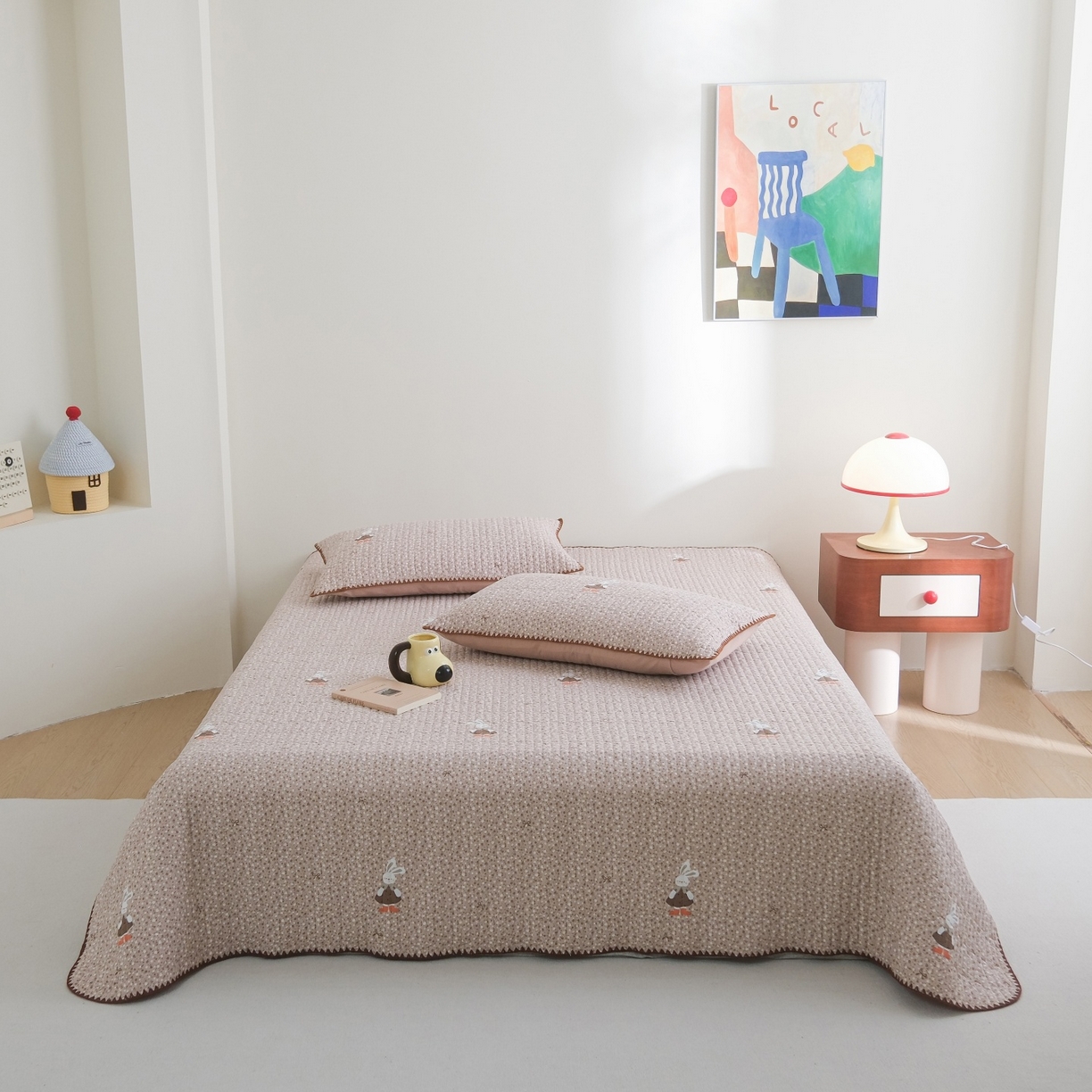 91家纺网 家纺一手货源 找家纺 庭笙 2026新款卡通贝壳针两面可用夹棉床盖床盖四件套 菲菲兔-咖