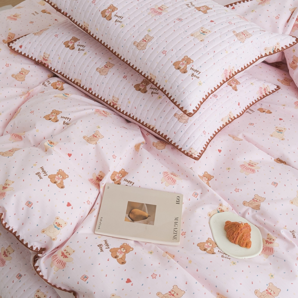 91家纺网 家纺一手货源 找家纺 庭笙 2026新款卡通贝壳针两面可用夹棉床盖床盖四件套 乐乐熊-粉