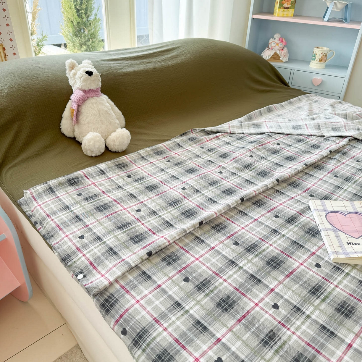 91家纺网 家纺一手货源 找家纺 Sweet dreams甜梦 2026新款A类皱皱双层纱小清新酒店一体式旅行睡袋 爱心格子