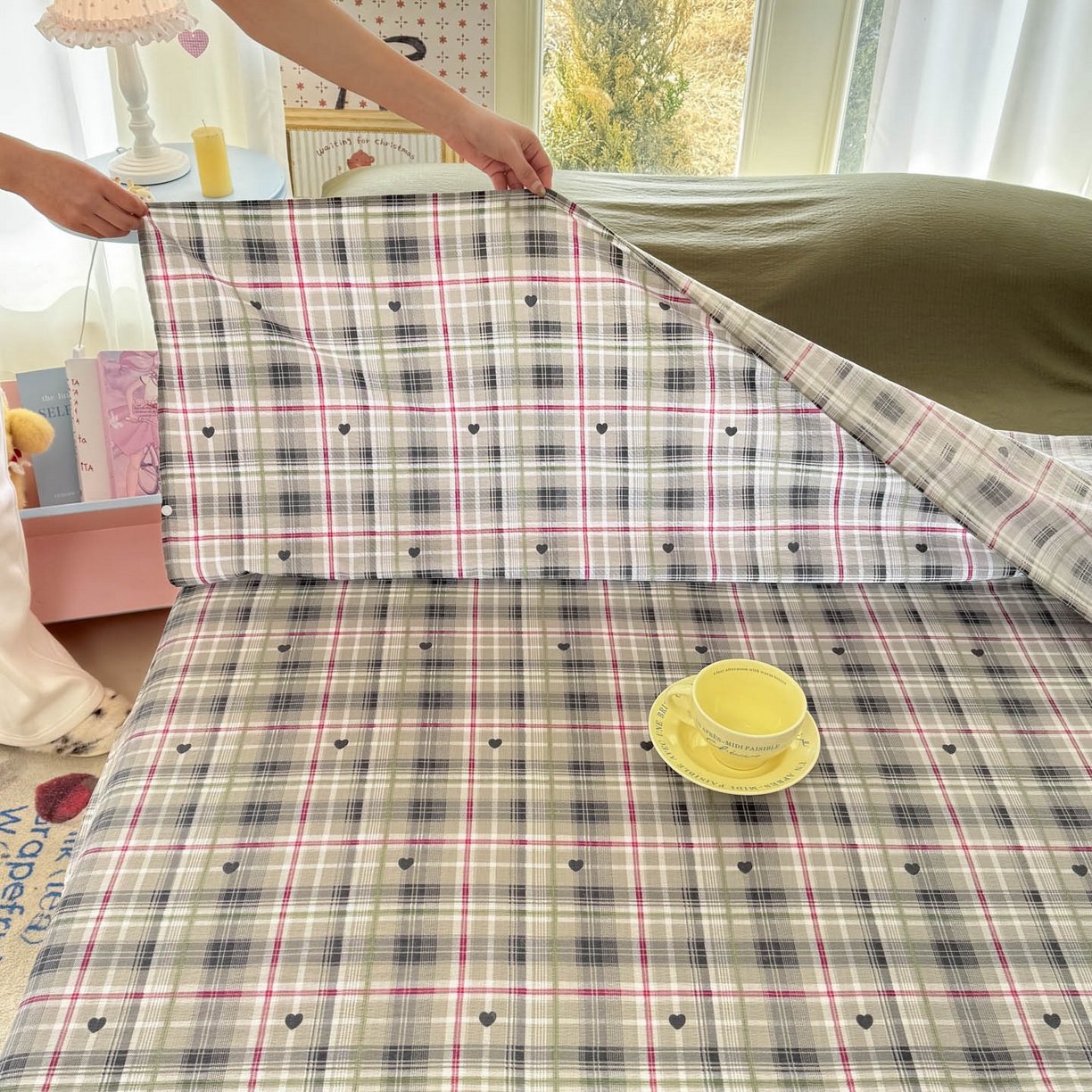 91家纺网 家纺一手货源 找家纺 Sweet dreams甜梦 2026新款A类皱皱双层纱小清新酒店一体式旅行睡袋 爱心格子