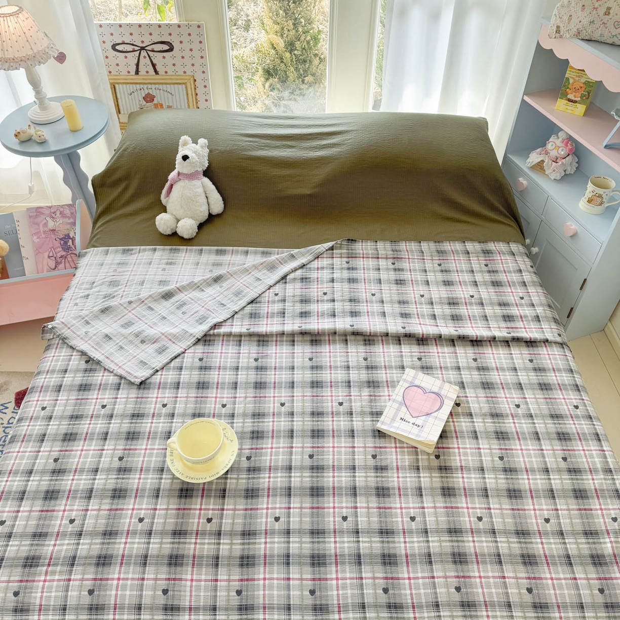 91家纺网 家纺一手货源 找家纺 Sweet dreams甜梦 2026新款A类皱皱双层纱小清新酒店一体式旅行睡袋 爱心格子