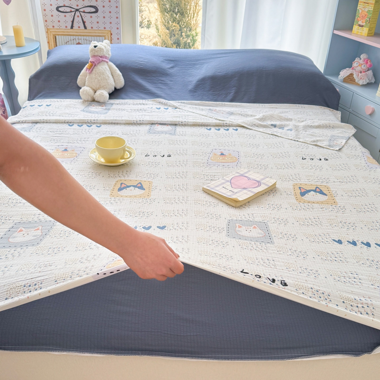 91家纺网 家纺一手货源 找家纺 Sweet dreams甜梦 2026新款A类皱皱双层纱小清新酒店一体式旅行睡袋 大脸猫