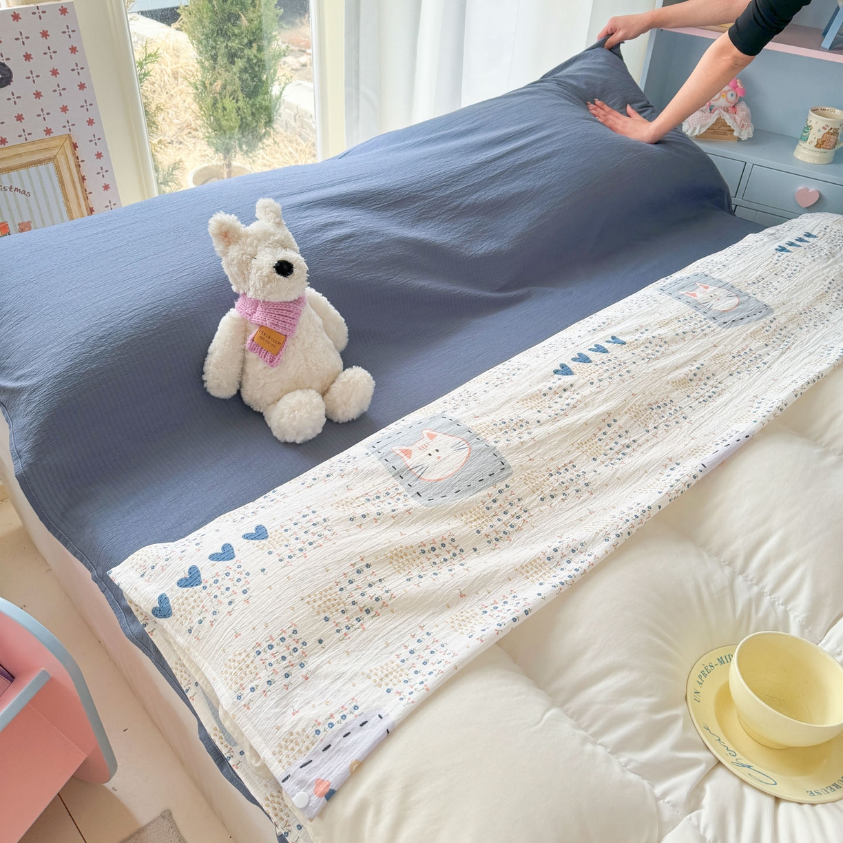 91家纺网 家纺一手货源 找家纺 Sweet dreams甜梦 2026新款A类皱皱双层纱小清新酒店一体式旅行睡袋 大脸猫