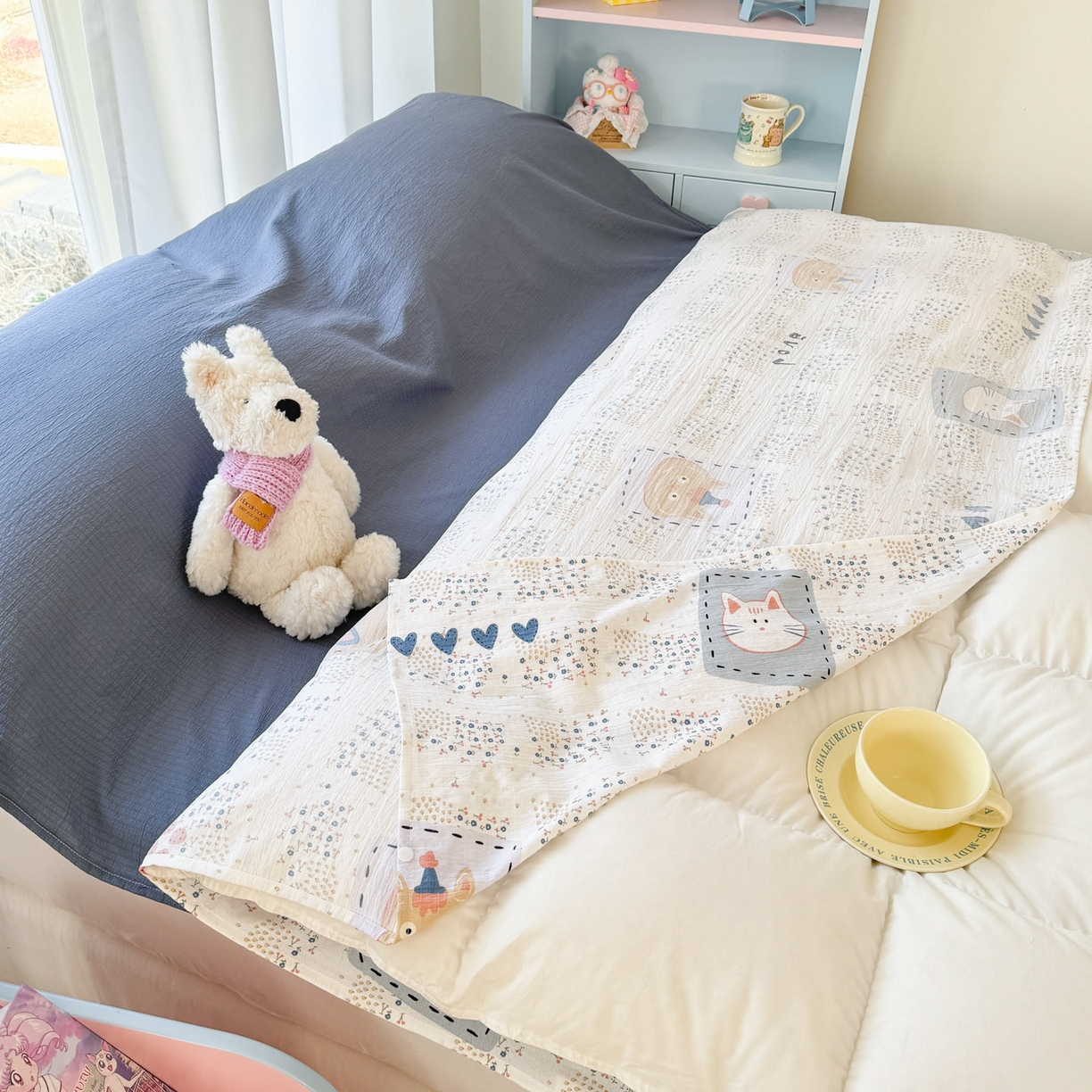 91家纺网 家纺一手货源 找家纺 Sweet dreams甜梦 2026新款A类皱皱双层纱小清新酒店一体式旅行睡袋 大脸猫