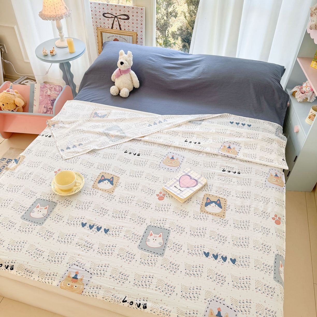 91家纺网 家纺一手货源 找家纺 Sweet dreams甜梦 2026新款A类皱皱双层纱小清新酒店一体式旅行睡袋 大脸猫