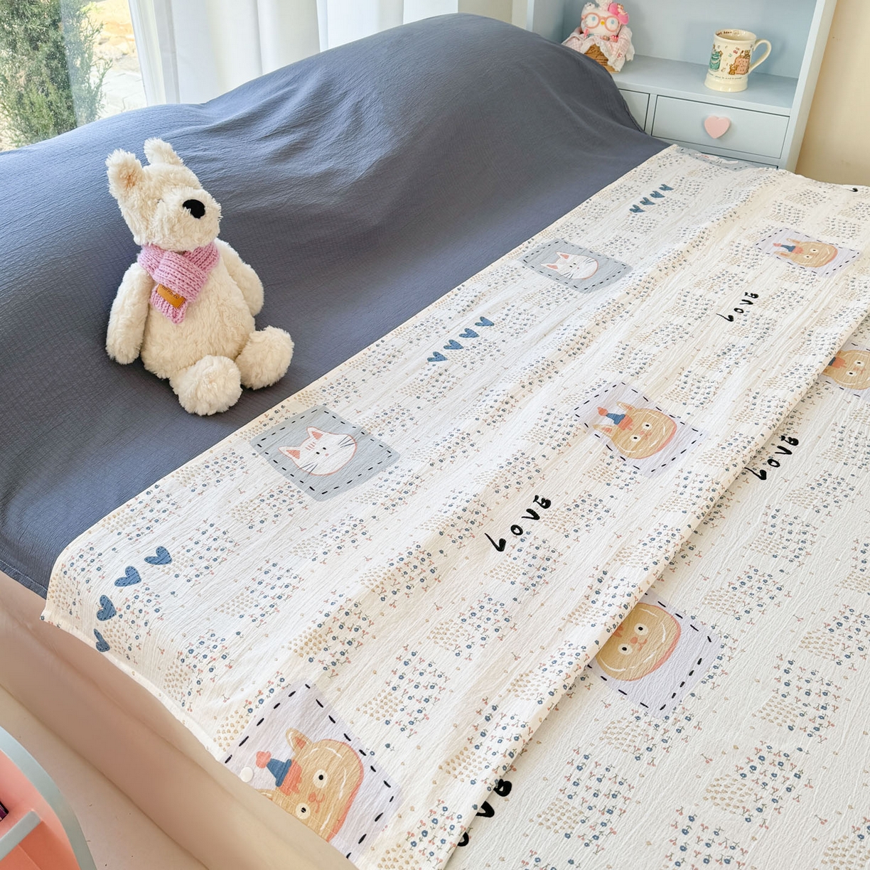 91家纺网 家纺一手货源 找家纺 Sweet dreams甜梦 2026新款A类皱皱双层纱小清新酒店一体式旅行睡袋 大脸猫