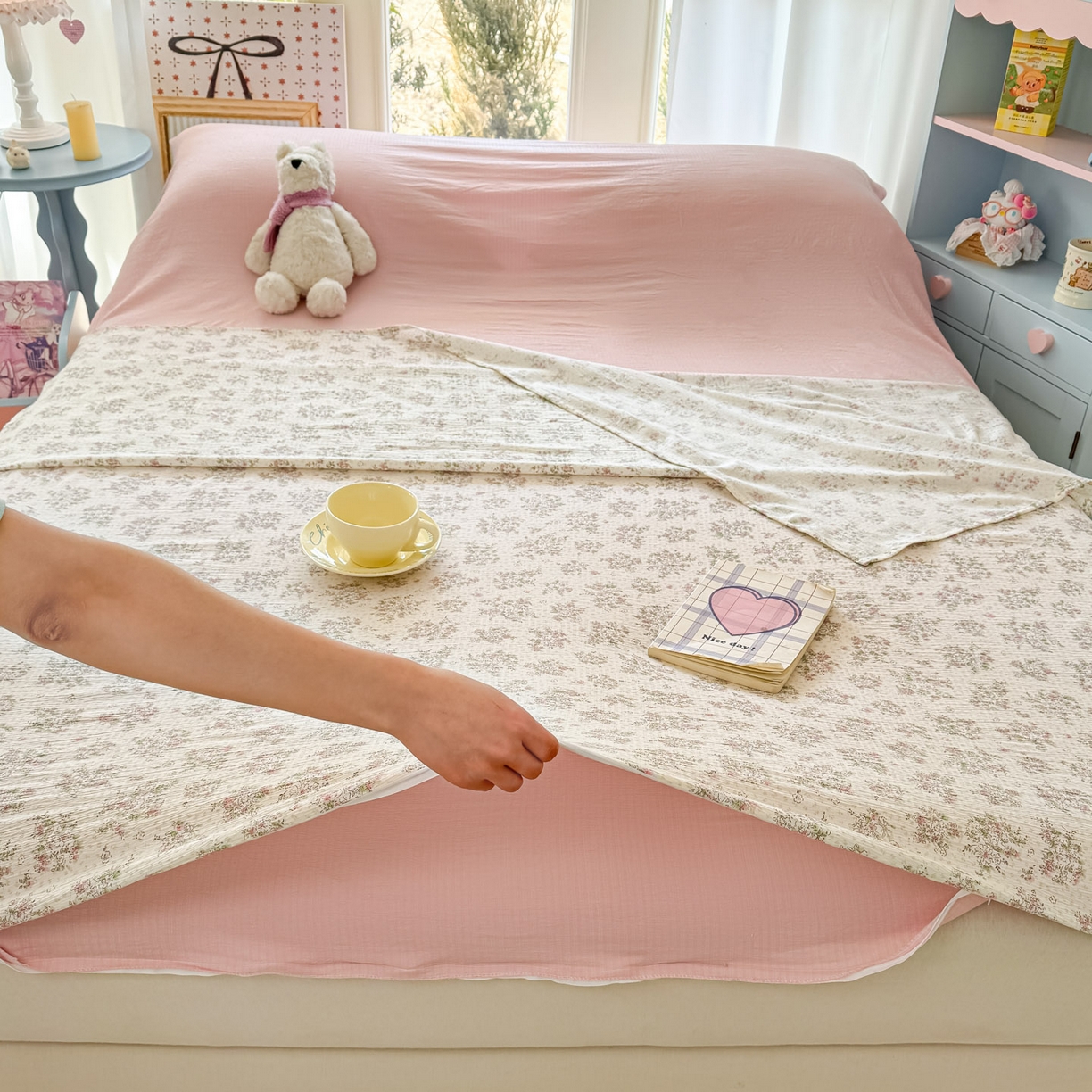 91家纺网 家纺一手货源 找家纺 Sweet dreams甜梦 2026新款A类皱皱双层纱小清新酒店一体式旅行睡袋 粉色小碎花