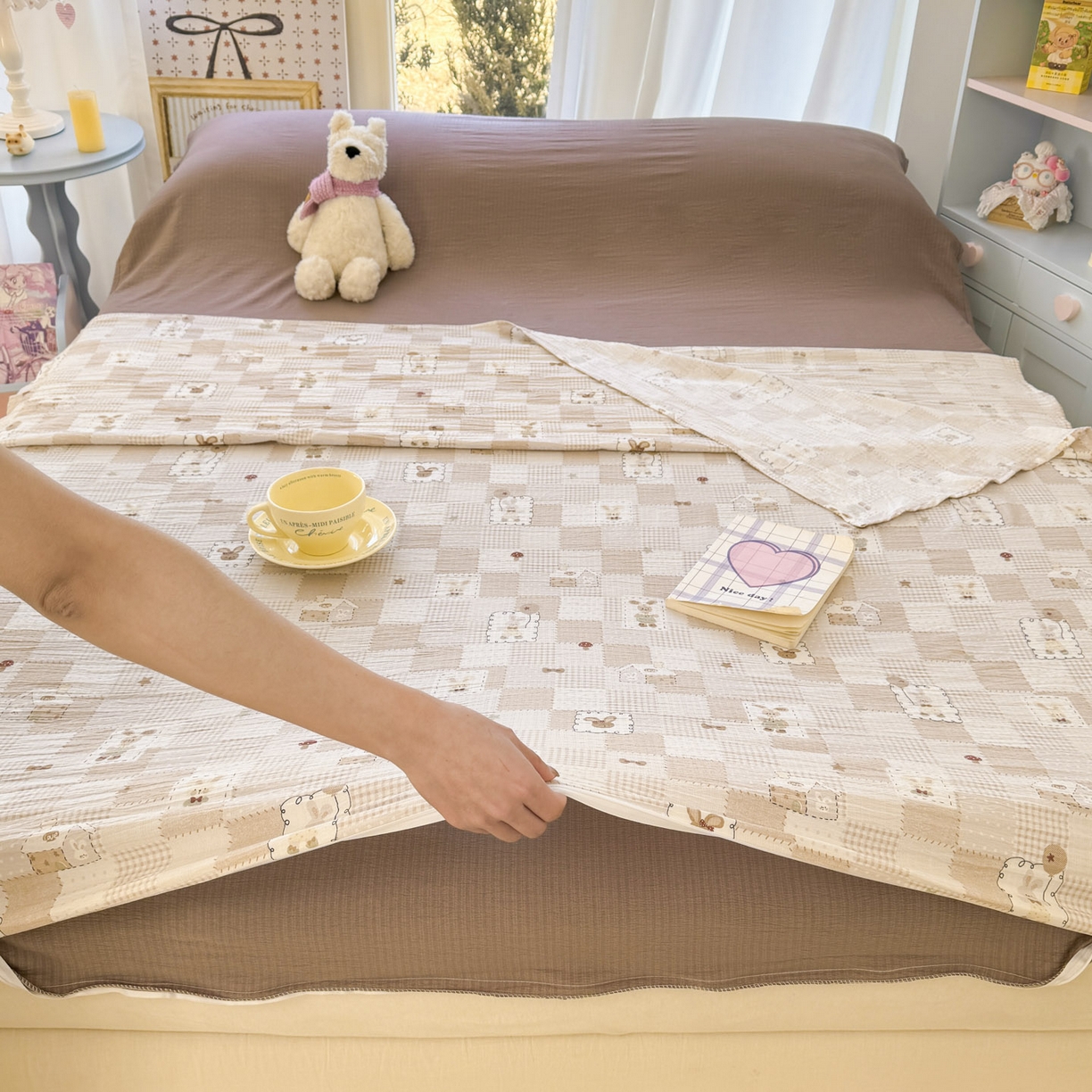 91家纺网 家纺一手货源 找家纺 Sweet dreams甜梦 2026新款A类皱皱双层纱小清新酒店一体式旅行睡袋 格子小兔