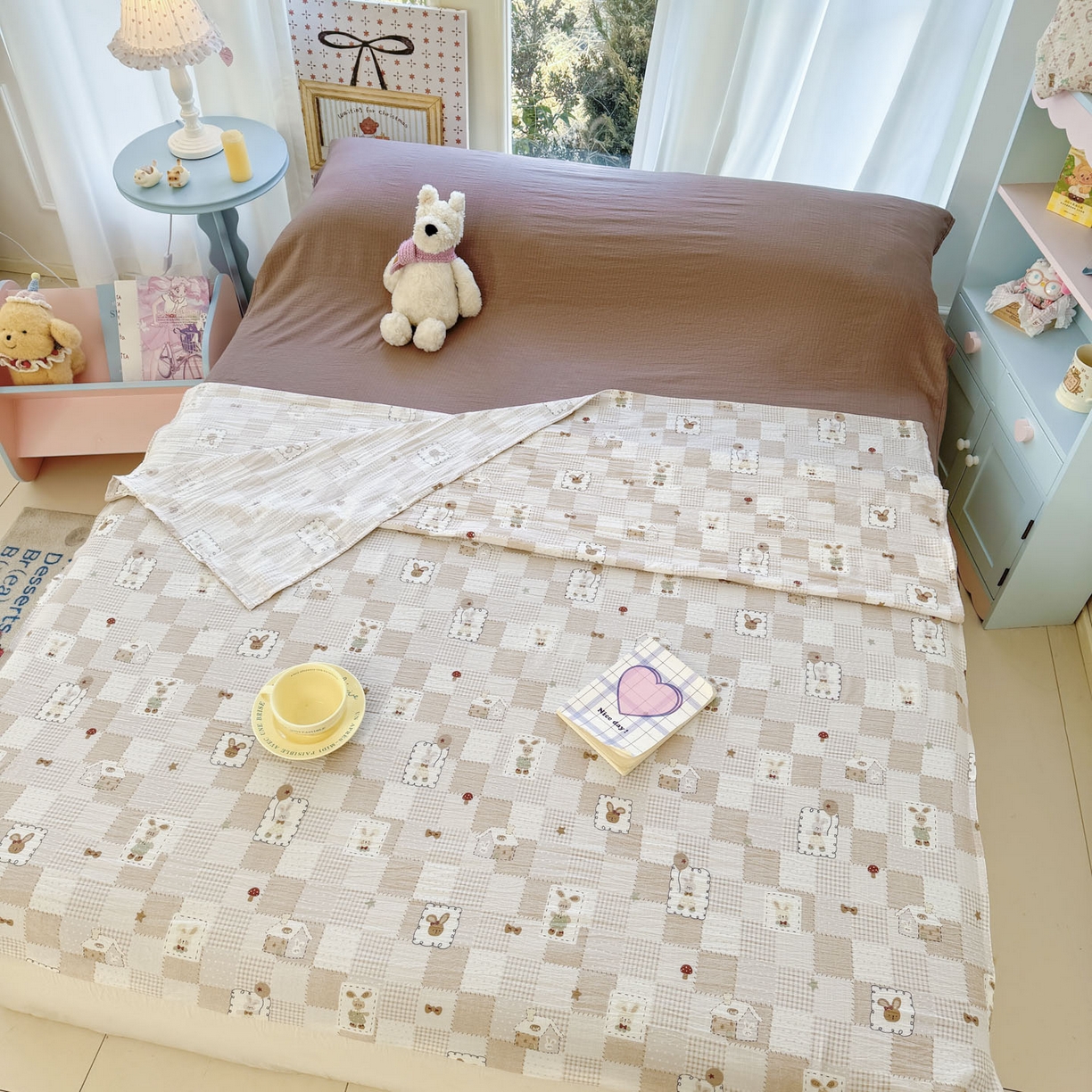 91家纺网 家纺一手货源 找家纺 Sweet dreams甜梦 2026新款A类皱皱双层纱小清新酒店一体式旅行睡袋 格子小兔